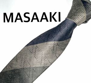 MASAAKI ブランド ネクタイ メンズ 総柄 シルク 麻 ブルー系