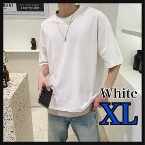 メンズ　Tシャツ　ホワイト XL トップス　フェイク　レイヤード　半袖　カットソー 無地　シンプル　韓国　カジュアル 重ね着風