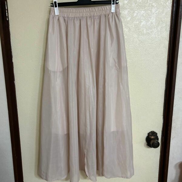ミルボヌール　 マキシ丈 スカート ウエストゴム　淡いピンク　フレア裾デザイン