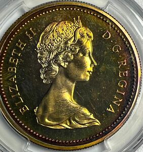 奇跡レインボーカラートーン！1971年虹色PCGS SP67 カナダ シルバー1ドル イエローゴールド ブレイザー銀貨 プルーフ