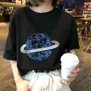 Tシャツ　カットソー　土星　宇宙　スパンコール風　黒　ラウンドネック　オーバーサイズ　ゆったり　大きいサイズ　体型カバー ダンス