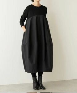 モード系 ワンピース コクーンスカート バルーン風 ゆったり 大きいサイズ かぶるだけ ぷっくりスカートがかわいい　黒　大人可愛い