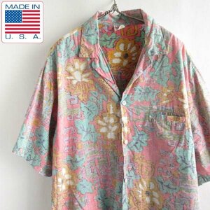 80s 美品 USA製 BaReFoot in PaRaDISE ボタニカル柄 アロハ シャツ 2XL ビンテージ コットン ピンク リバースプリント D147-04-0021ZVW