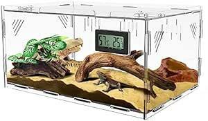 トカゲ ケージ 爬虫類 ケージ 爬虫類 飼育ケース 温度湿度計付き 爬虫類テラリウムタンク 昆虫飼育ケース 透明 通気ケージ 給餌