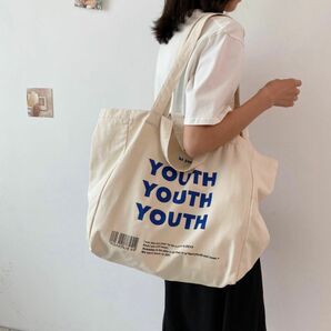［YOUTHバッグ ］トートバッグ ロゴ 韓国 青文字 大容量サイズ キャンバス バッグ ハンドバッグ ロゴ