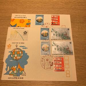初日カバー 日本万国博覧会記念郵便切手　第2次　昭和45年6月15日発行　松屋版　3枚まとめ　解説書有り