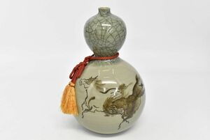 (795M 0514M13) 1円～ 相馬焼 馬図 瓢箪型 花瓶 花器 花入 飾壷 華道具 置物 陶芸品 骨董