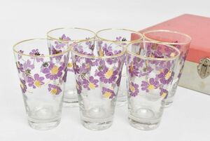 (800M 0515M21) 1 jpy ~ unused glass 6 customer floral print glass glass made Showa Retro antique tableware 