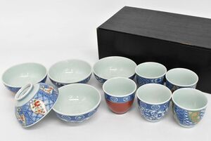 (800L 0516M15) 1円～ 未使用 有田焼 清秀 茶碗 飯碗 湯呑 5客揃 絵変り まどか 食事の友揃 唐草 和食器