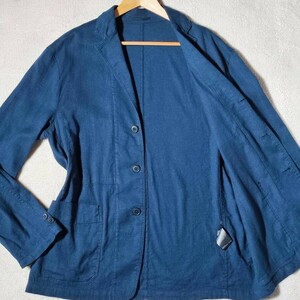 美品 XL~L相当 リネン デニム調 ユニクロ UNIQLO テーラードジャケット サマー アンコン 麻 綿 ブルー 青 メンズ 大きいサイズ 春夏 爽やか