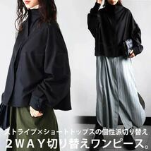 定価¥7,920＊ネコポスOK＊antiquaアンティカ＊ストライプ×ショートトップス 2way 切り替えシャツワンピース ドッキング 羽織り ゆったり_画像1