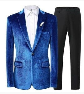 DS01b storelj新品 メンズ スーツ ベルベット素材 ブルー(青) 上下セット ブルゾン5色タキシードカラオケ大会M L-6XL演歌 歌手衣装舞台