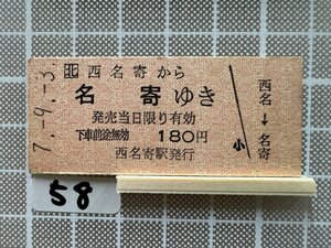 Ja58.【硬券 乗車券 切符】 西名寄 名寄