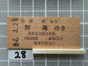 Ja28.【硬券 乗車券 切符】 厚床 別海