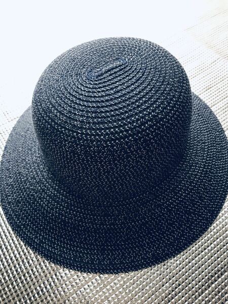 美品 sanmoto高機能 UVカット加工 麦わら帽子 ブルー ネイビー ハット オシャレ レディース 57cm 紫外線 ストローハット 日焼け防止