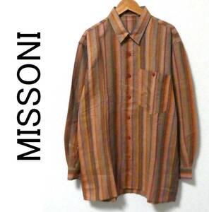 美品 イタリア製 MISSONI ミッソーニ 麻混 コットンリネン 総柄 マルチストライプ柄 長袖シャツ 46