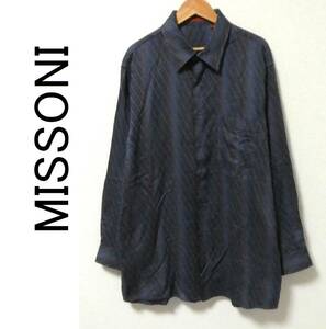 イタリア製 MISSONI ミッソーニ バイアス マルチストライプ 長袖シャツ 48 グレー×紺×赤