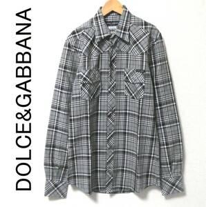 正規品 新品 イタリア製 DOLCE&GABBANA SICILIA ドルチェ＆ガッバーナ チェック ウエスタンシャツ 長袖 40 白×黒×グレー 