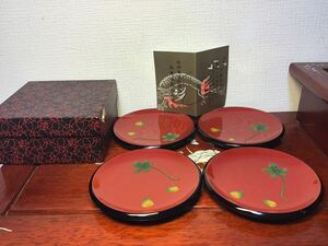 【智】琉球最古の角萬漆器 パパイヤ 豆皿 菓子皿 4枚セット 直径約13cm 栞付き 漆器 漆芸 工芸品 現状 当時物 