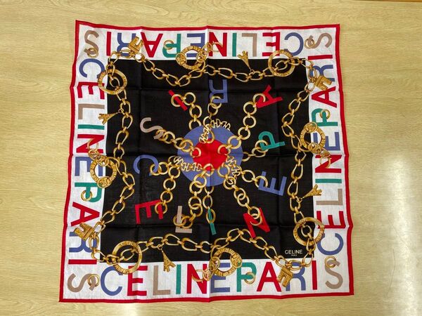 ★CELINE ヴィンテージ 大判ハンカチ スカーフ チェーン柄 マルチカラー/未使用/セリーヌ 綿100% 58×58cm★