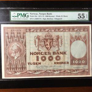 World Banknote Grading NORWAY《Norges Bank》1000 Kroner【1972】『PMG Grading About Uncirculated 55 EPQ』