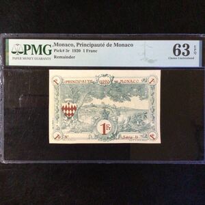 World Banknote Grading MONACO《Principaute de Monaco》1 Fran【1920】『PMG Grading Choice Uncirculated 63 EPQ』