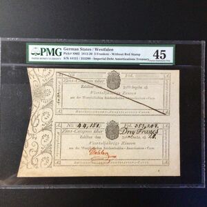 World Banknote Grading GERMAN STATES《WESTFALEN》3 Franken【1820】『PMG Grading Choice Extremely Fine 45』