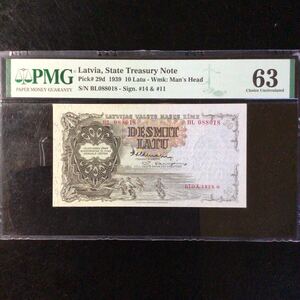 World Banknote Grading LATVIA《State Treasury Note》10 Latu【1939】『PMG Grading Choice Uncirculated 63』