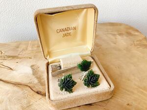 【CANADIAN JADE】カナディアンジェイド　翡翠　メープルリーフ　楓の葉　ヴィンテージ　カフスリンクス&タイピン