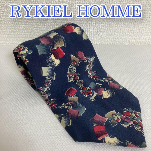 美品　RYKIEL HOMME リキエル　オム　ネクタイ　シルク　総柄　ネイビー　レッド　ビジネス　パーティー