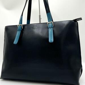 1 иен [ прекрасный товар ] Paul Smith Paul Smith большая сумка портфель цвет do chip мульти- полоса Logo все кожа bai цвет синий чёрный 