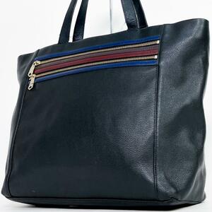 1 jpy [ superior article ]Paul Smith Paul Smith tote bag business bag multi stripe Logo Gold metal fittings high capacity all leather black black 