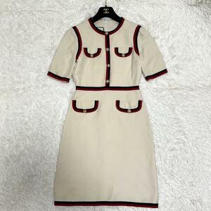 1 jpy [ top class ]GUCCI Gucci One-piece dress web trim short sleeves GG Sherry line pearl button silk present tag 38 ivory 475850