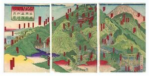 Art hand Auction [Authentisch] Umeju Kunitoshi Wahre Ansicht des Oyama Afuri Schreins Landschaftsmalerei Nishiki-e Ukiyo-e Triptychon Meiji 14 Mt. Fuji Holzschnitt Großformat, Malerei, Ukiyo-e, Drucke, Gemälde berühmter Orte