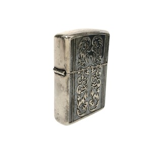 【希少】Zippo Armor ジッポー アーマー 両面加工 アラベスク ライン シルバー × ブルー 2004年製 唐草模様 縦縞 喫煙具 ユーズド J1235