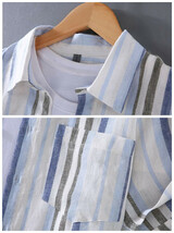 リネンシャツ　半袖シャツ　ストライプ　夏服通気　カジュアルシャツ　サマーシャツ　トップス　海シャツ【G169】ブルー　L_画像3
