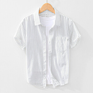 半袖シャツ　夏服　ストライプ　カジュアルシャツ　サマーシャツ　トップス　海シャツ【L2099】白　2XL