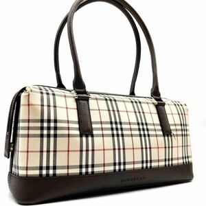 1 иен ~BURBERRY Burberry noba проверка большая сумка ручная сумочка бежевый Brown парусина кожа Logo plate 