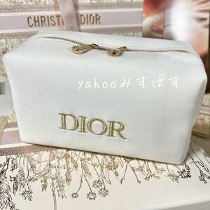 DIOR 国外限定 ダブルトップ ジッパー 最高級プレステージ コフレ付属 ノベルティ ポーチ ホワイト ゴールド 金刺繍 104