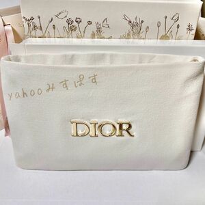 新品未使用 ディオール ノベルティ ファブリック コットン フラットポーチ ゴールド金具 アイボリー DIOR メタルロゴ 107