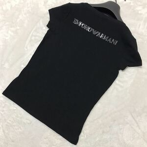 EMPORIO ARMANI エンポリオ アルマーニ スパンコールロゴ 半袖Tシャツ カットソー トップス レディース 黒 ブラック サイズXS〜S