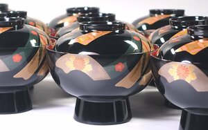 Art hand Auction ∇Flowers∇ World-renowned Wajima lacquerware [Yamada Heiando (Kintenwanyo)] Wajima lacquerware Noshi Makie period-style stew bowls 10 pieces with box Natural wood lacquerware Unused beauty product, Craft, Lacquerware, Bowl