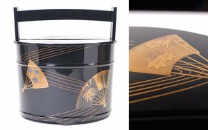 Art hand Auction ∇Flores∇ Laca Wajima de renombre mundial [Chahei Issai], un cubo de madera pintado lacado en forma de abanico con caja, preciosa y elegante laca Wajima, Artesanía, lacados, otros