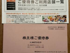 ★最新クリエイト・レストランツ(クリレス) 株主優待券 8000円分 送料無料