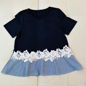 小中高生 トップス カットソー Tシャツ 半袖カットソー ダークネイビー ブルー 花柄