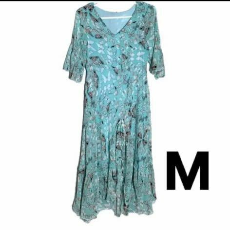 ワンピース　ドレス　ロングドレス　ロングワンピース　花柄　グリーン系　フリル　半袖ワンピース　上品　Mサイズ