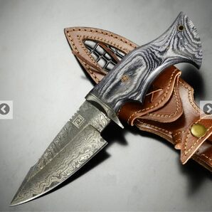 FH Knives ハンティングナイフ 固定刃 ダマスカス鋼 スピアポイント 革製シース付き グレー MLK-0004