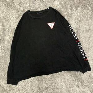 GUESS ゲス 長袖Tシャツ ロンT 長袖カットソー サイズM コットン ブラック 黒 プリント スリーブロゴ メンズ トップス 最落なし （T19）