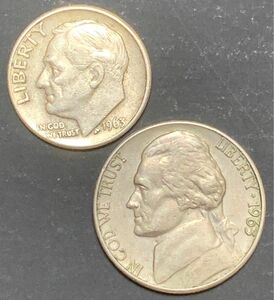 【アメリカ合衆国】 リバティ コイン　１９６３年 アンティーク 銀貨 古銭二枚セット