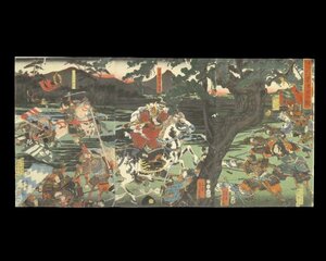 Art hand Auction 72 Isjusai Yoshikazu, Battle of Awazu on January 20th, 1181, Triptych, with backing, Kiso no Kanja Yoshinaka, Musha-e, Woodblock print, Ukiyo-e, Authentic, Painting, Ukiyo-e, Prints, Warrior paintings